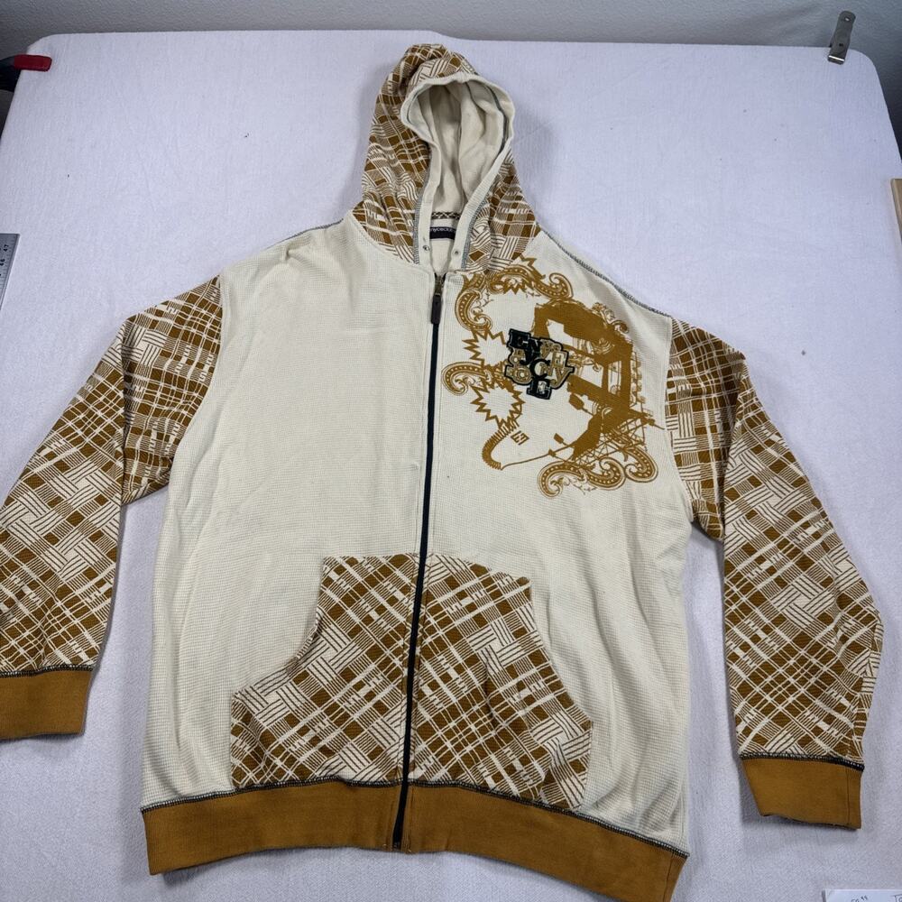 Y2K Enyce Jacket Hoodie Mens2XL beige/brown Argyle Zip Up Knit Sweatshirt Skater